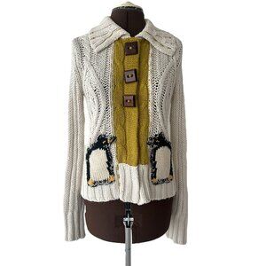Cream Wool Blend Knit Cardigan with Penguin Pockets